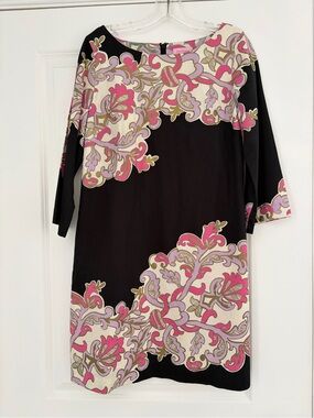 Lilly Pulitzer 8 Shauna black dress gold pink purple scroll 3/4 sleeves tunic